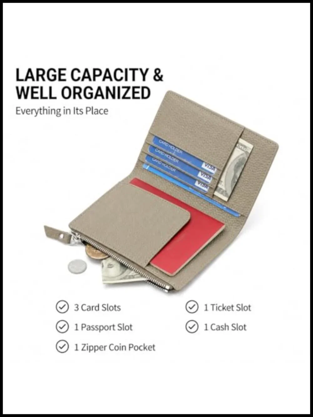 Passport Holder RFID Blocking Genuine Leather Wallet Card Slots Zipper Travel